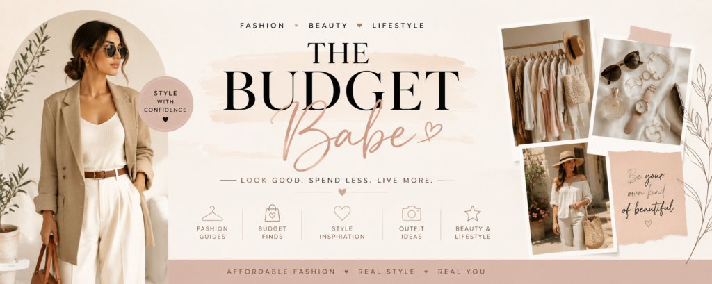 Elegant fashion blog banner featuring a stylish woman in neutral-toned clothing with clothing rack, accessories, and modern minimalist design for affordable fashion inspiration.