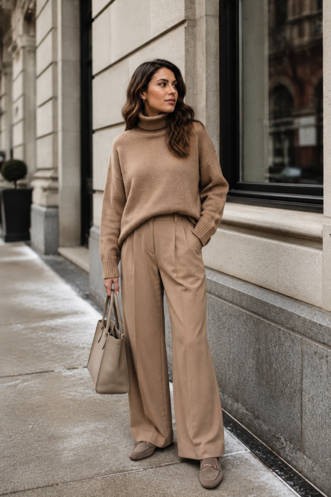 Affordable winter outfit featuring a camel turtleneck sweater, wide-leg tan trousers, taupe loafers, and a beige tote bag
