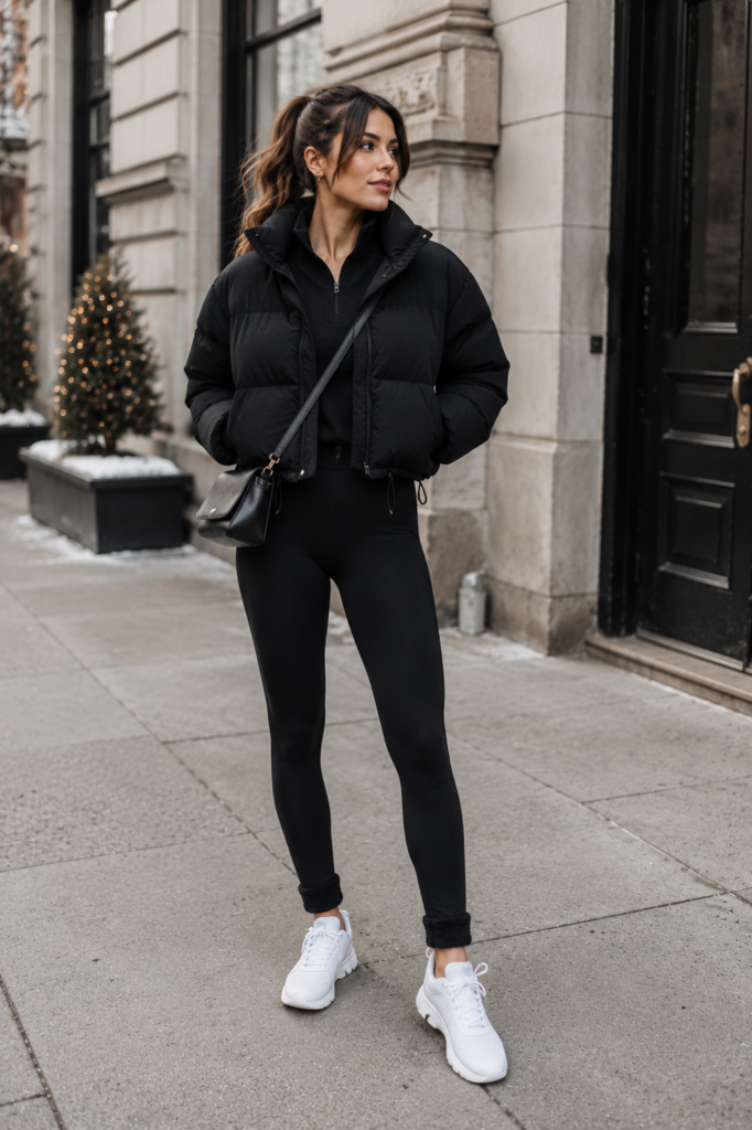 Affordable winter outfit with a black cropped puffer jacket, fleece-lined leggings, white sneakers, and a black crossbody bag