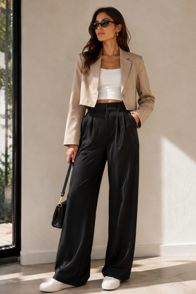 A women wearing wide black pant style with cropped blazzer and crop top
