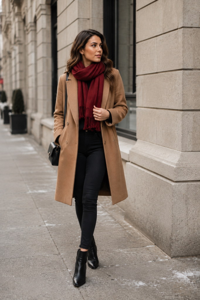Affordable winter outfit featuring a camel wool coat, black skinny jeans, black ankle boots, and a red scarf on a city sidewalk