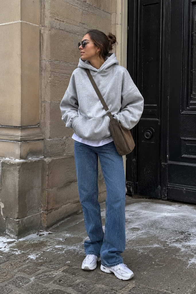 Woman wearing an oversized gray hoodie, straight-leg jeans, white sneakers, and a brown crossbody bag in a casual winter street setting