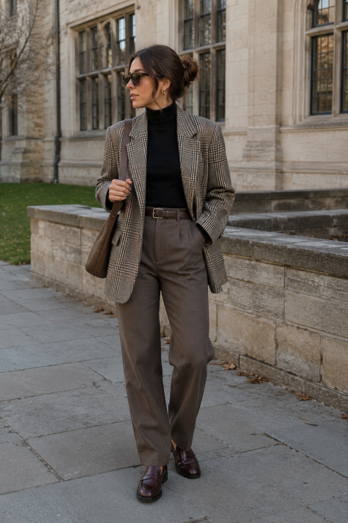 Woman wearing a black turtleneck, plaid blazer, straight-leg trousers, and brown loafers on a winter campus