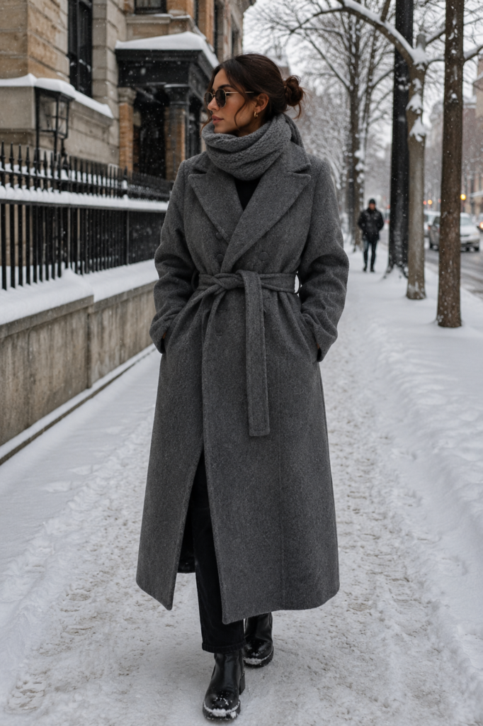 Woman wearing a long charcoal wool coat, chunky gray scarf, black jeans, and black boots on a snowy winter street