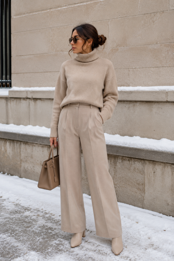 Woman wearing a beige turtleneck sweater, wide-leg pants, ankle boots, and a tan handbag in a snowy winter setting