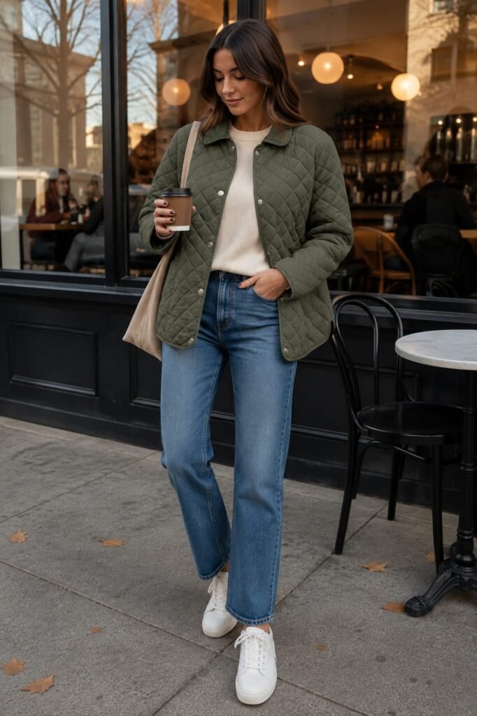 Woman wearing an olive green quilted jacket, cream sweater, blue jeans, and white sneakers outside a coffee shop